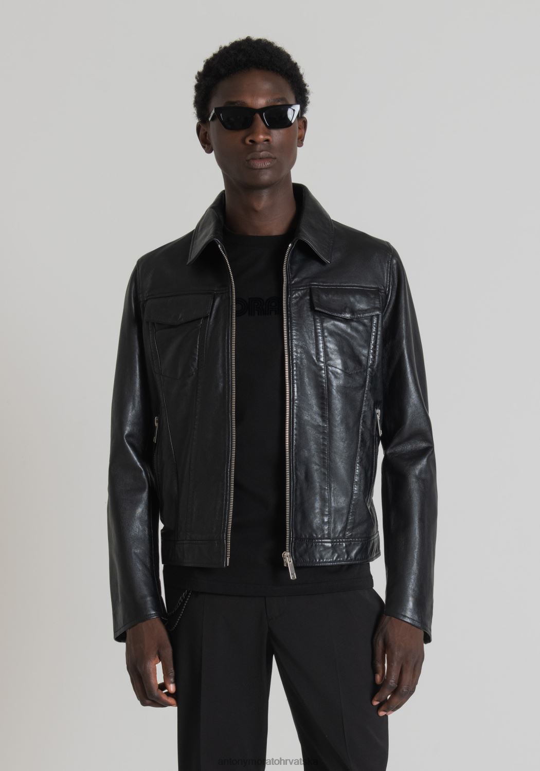 odjeća Antony Morato pripijena jakna od prave kože s ovratnikom košulje crno muškarci L2H4F1