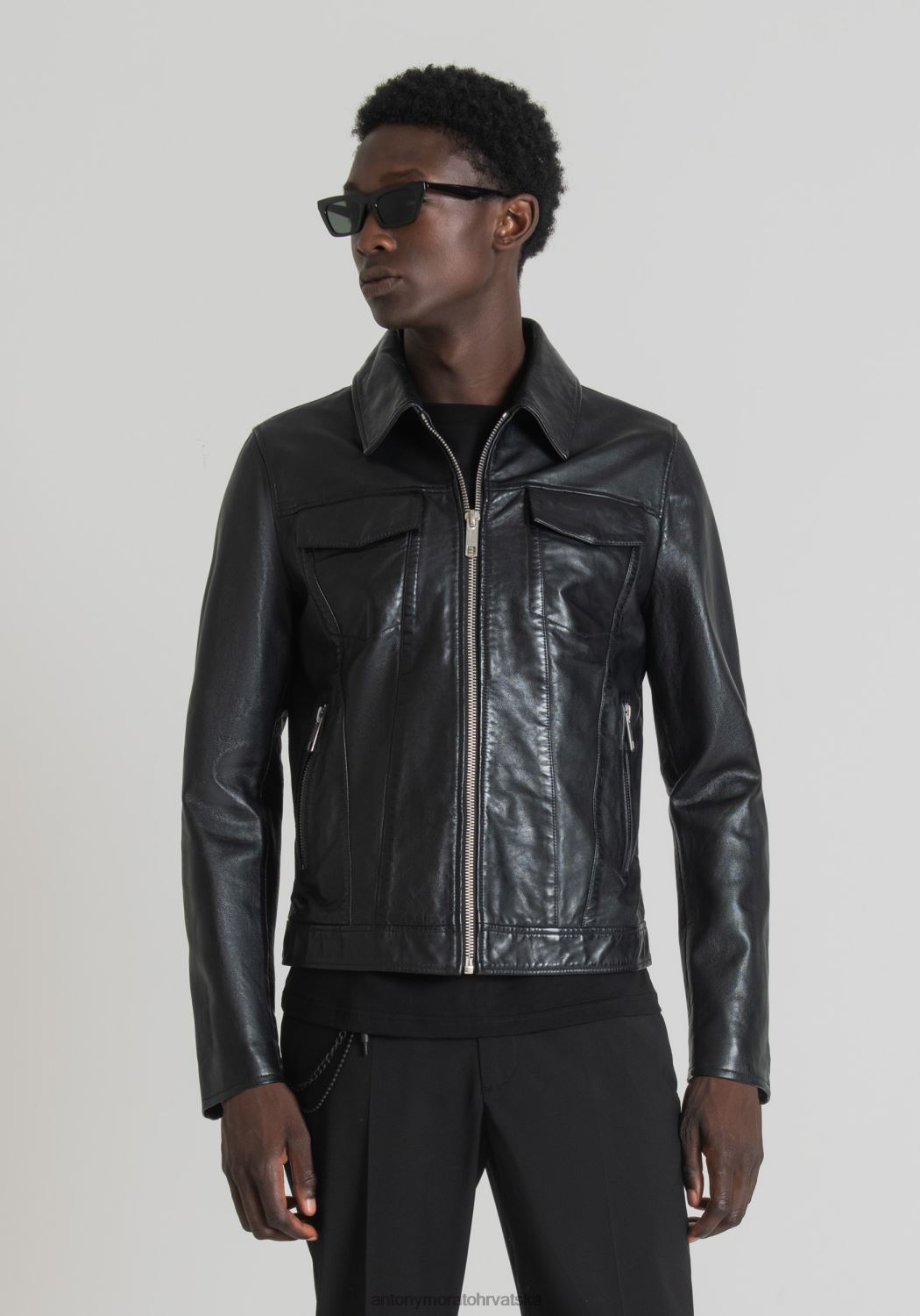 odjeća Antony Morato pripijena jakna od prave kože s ovratnikom košulje crno muškarci L2H4F1