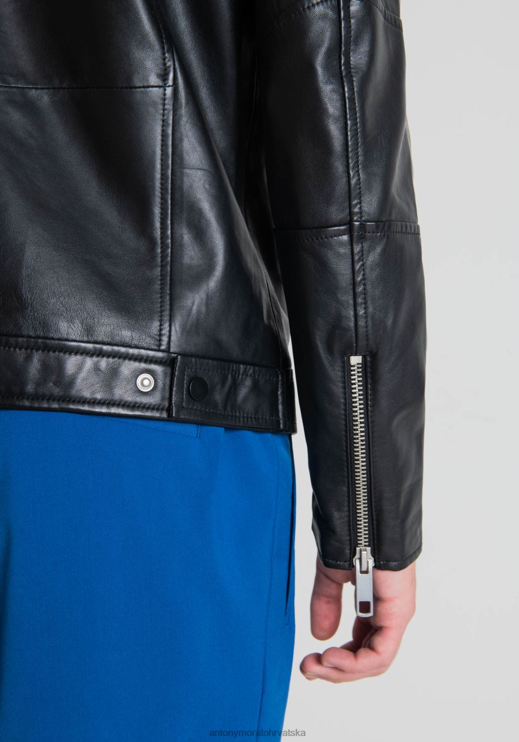 odjeća Antony Morato uska biciklistička jakna od prave kože s korejskim ovratnikom crno muškarci L2H4F4