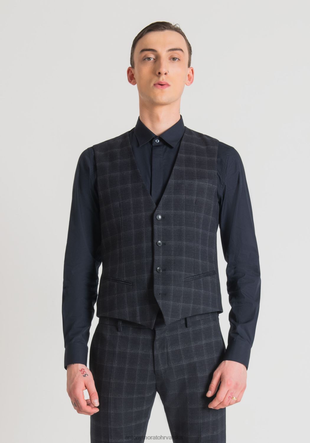 odjeća Antony Morato uski prsluk od rastezljive mješavine viskoze s kariranim uzorkom plava tinta muškarci L2H4F32